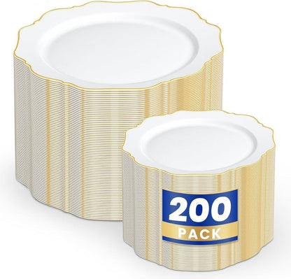 WDF 200PCS White and Gold Plastic Plates - Gold Plastic Plates - Include 100 Dinner & 100 Dessert Disposable Party Plate - Fancy Disposable Plate for Wedding/Baby Shower/Spring