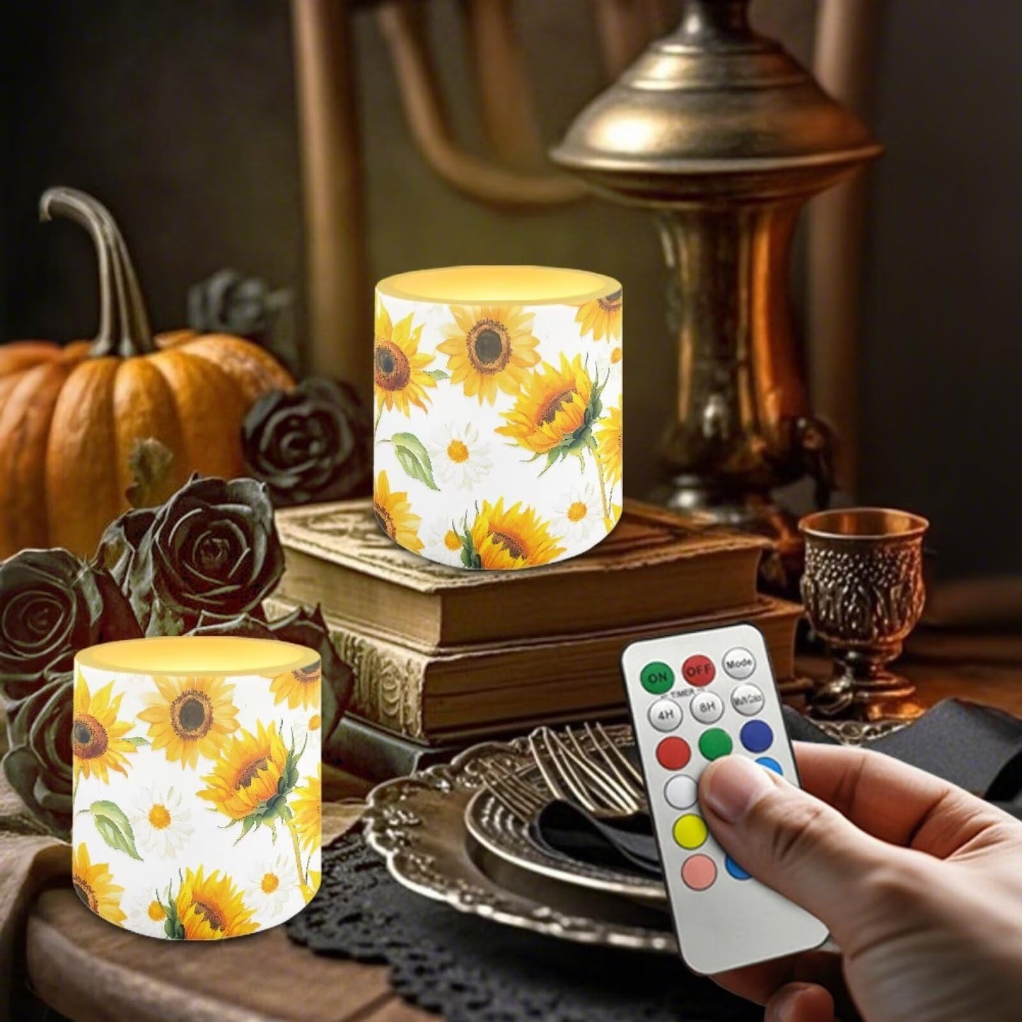 NETILGEN 3 inch Flickering Color Changing LED Candles Set of 4 Flameless Eletric Pillar Candles with Remote Timer Control Home Party Decor Yellow Sunflower Print