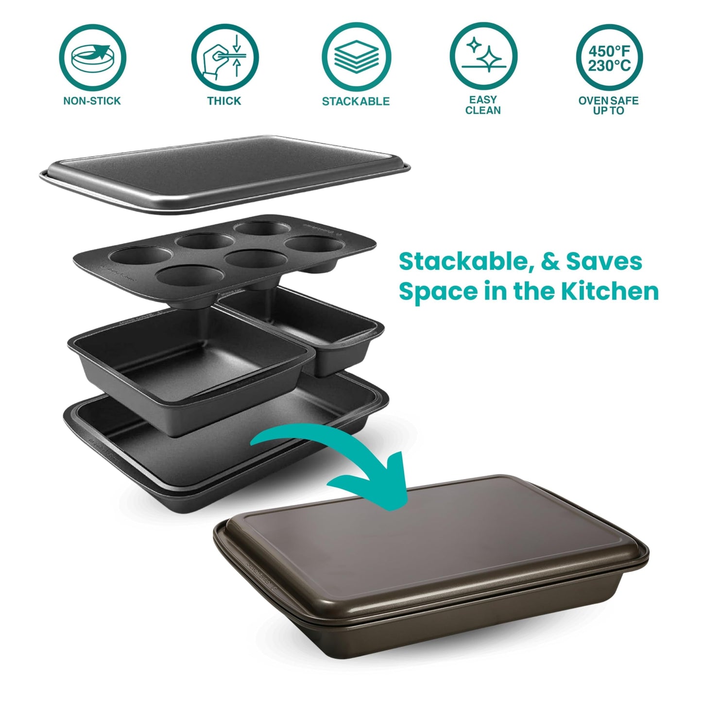 Baker's Secret Stackable Baking Set of 5 Bakeware Pans, Bakeware Set, Baking Pan Set Includes Muffin Pan, Roaster Pan, Square Pan, Cookie Sheet, Loaf Pan, Easy Store, Dishwasher Safe, Baking Supplies