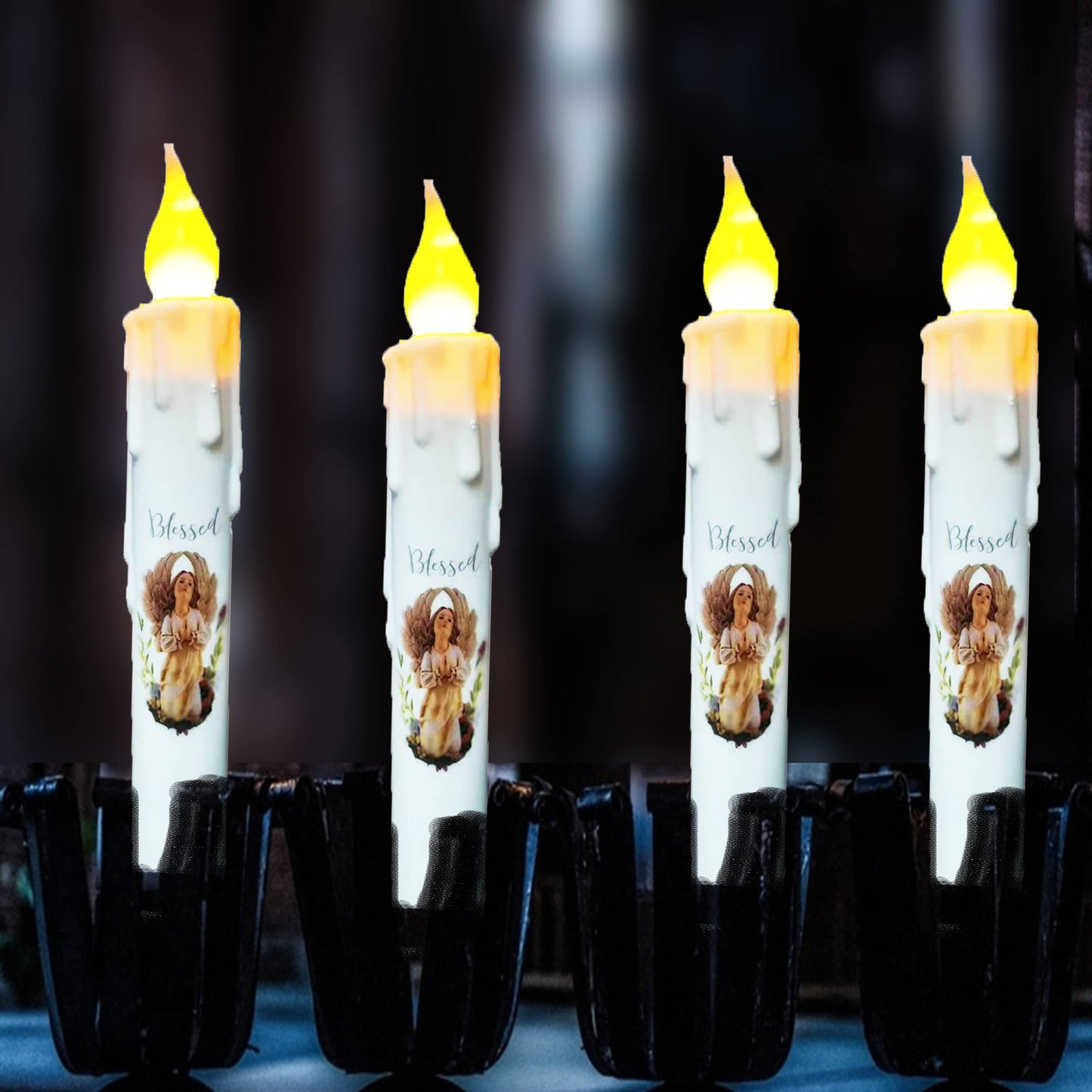 TAIANLE.Battery Operated Taper Candles with Timer, 6.75 Inch Set of 4 Primitive Flameless Taper Candles Flickeirng Flame,Angel Blessed Decor Halloween Wedding Christmas Window Decor