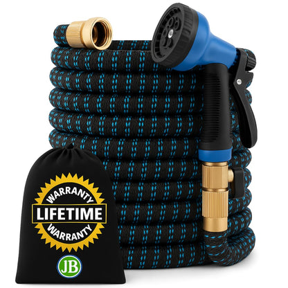 J&B XpandaHose 75ft Expandable Garden Hose with Holder - Heavy Duty Superior Strength 3750D - 4 -Layer Latex Core - Extra Strong Brass Connectors and 10 Spray Nozzle w/Storage Bag (Blue 75)