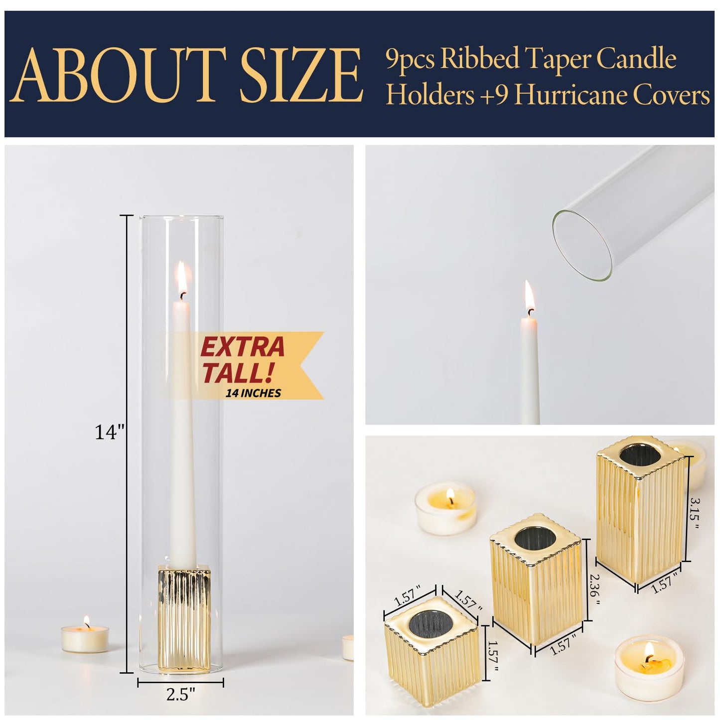 LETINE 14" Tall Hurricane Candle Holders with Gold Ribbed Taper Candle Holders Set of 9– Bulk Windproof Taper Candle Hurricane Glass for Outdoor&Indoors Wedding Centerpiece, Event & Home Decor