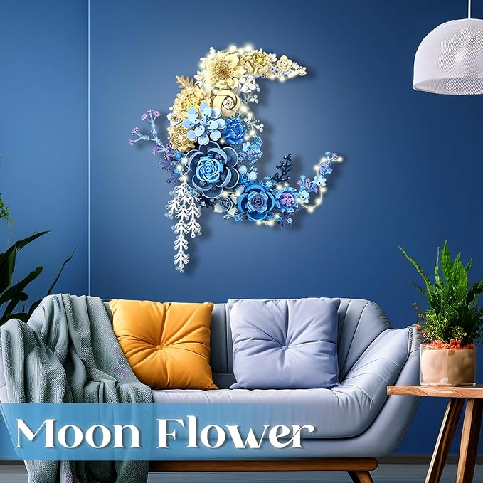 Moon Flower Building Set for Adults - 934 Pcs Light Up Botanical Kit with Lisianthus &amp Roses Artificial Flower Decoration for Home Bedroom Office Shelf Unique Gifts for Flower Lover