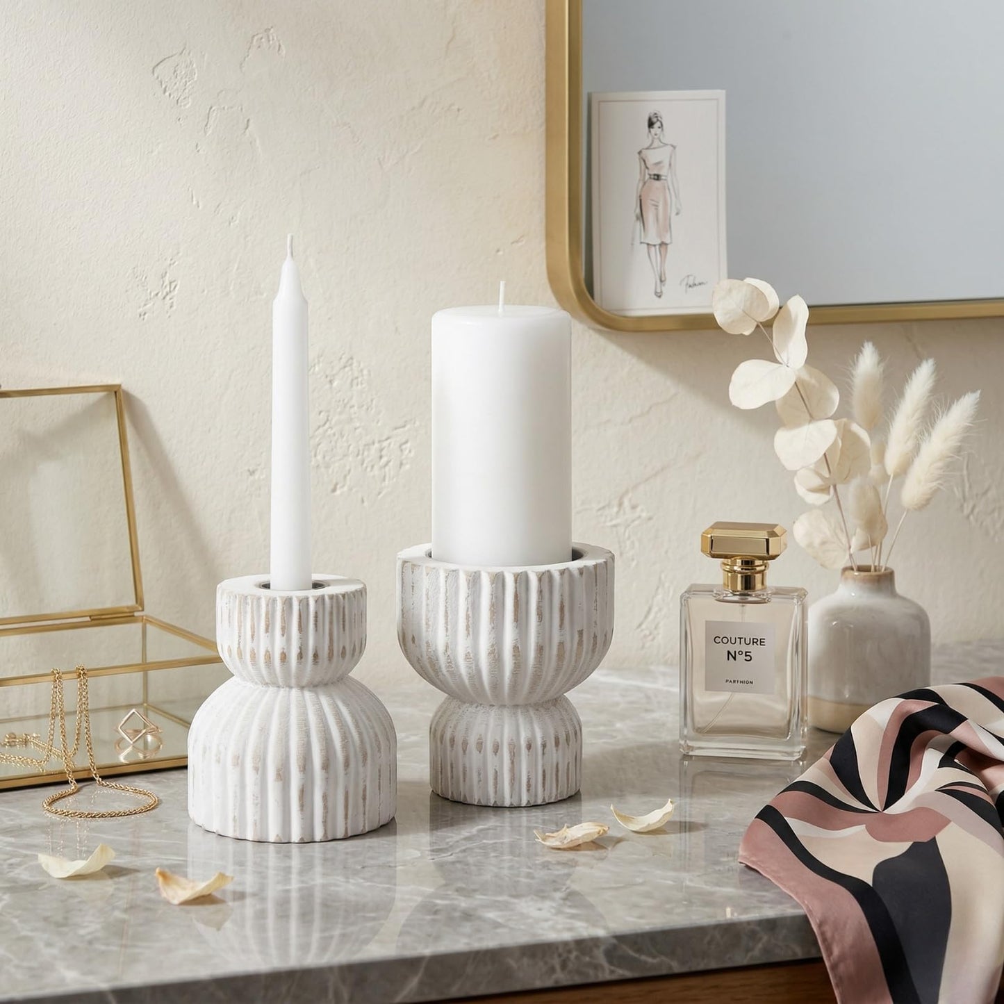 TRENDIN Reversible Rustic Pillar Candle Holders Set of 2, Distressed White Wood Candle Stand Set for Table, Fluted Farmhouse Wooden Candlestick Holders for Fireplace Mantel, Dining Room Decor