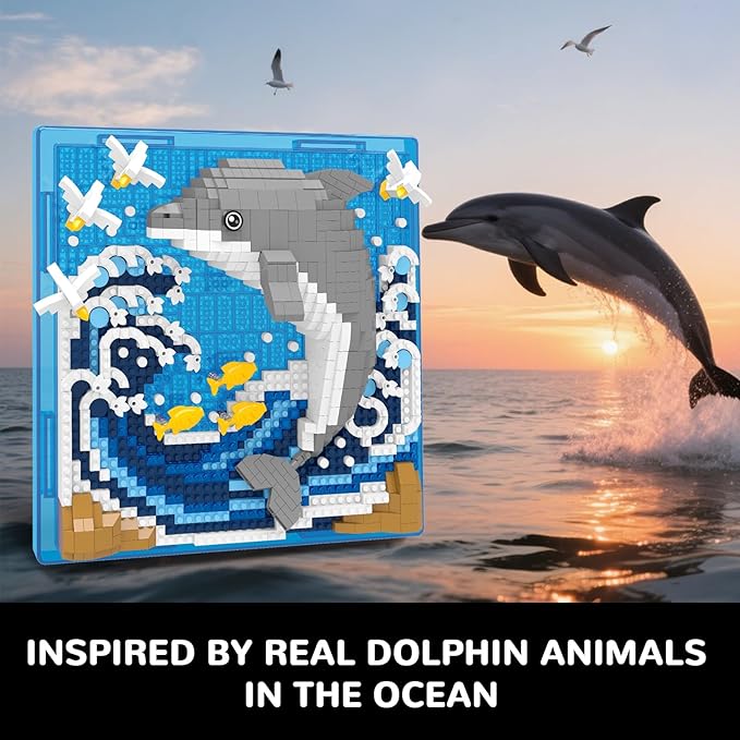 Dolphin Animal 3D Wall Art Micro Mini Building Blocks Set Unique Home Wall Decor or Table Display Ideal Gift Toy for Adults &amp Boys Girls 14+ (1113 PCS)