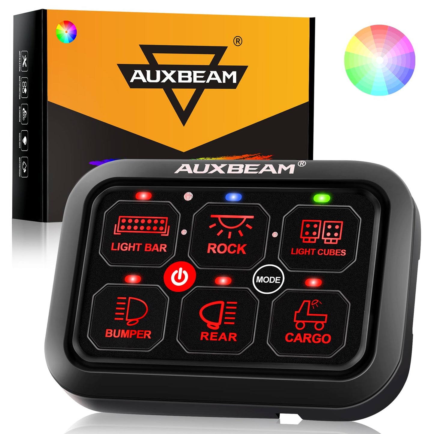 Auxbeam 6 Gang Switch Panel RA60 Toggle Momentary Pulsed RGB Dimmable Switch Panel Multifunction Switch Panel Built in Solid State Relay Marine Control Panel Waterproof for Car Boat, 3 Years Warranty