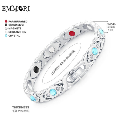 EMMORI Ultra Strength Magnetic Bracelet for Woman - 3,500 Gauss Per Magnet -Crystal Bracelet - Adjustable Length -Pulseras Magneticas (Silver Blue)