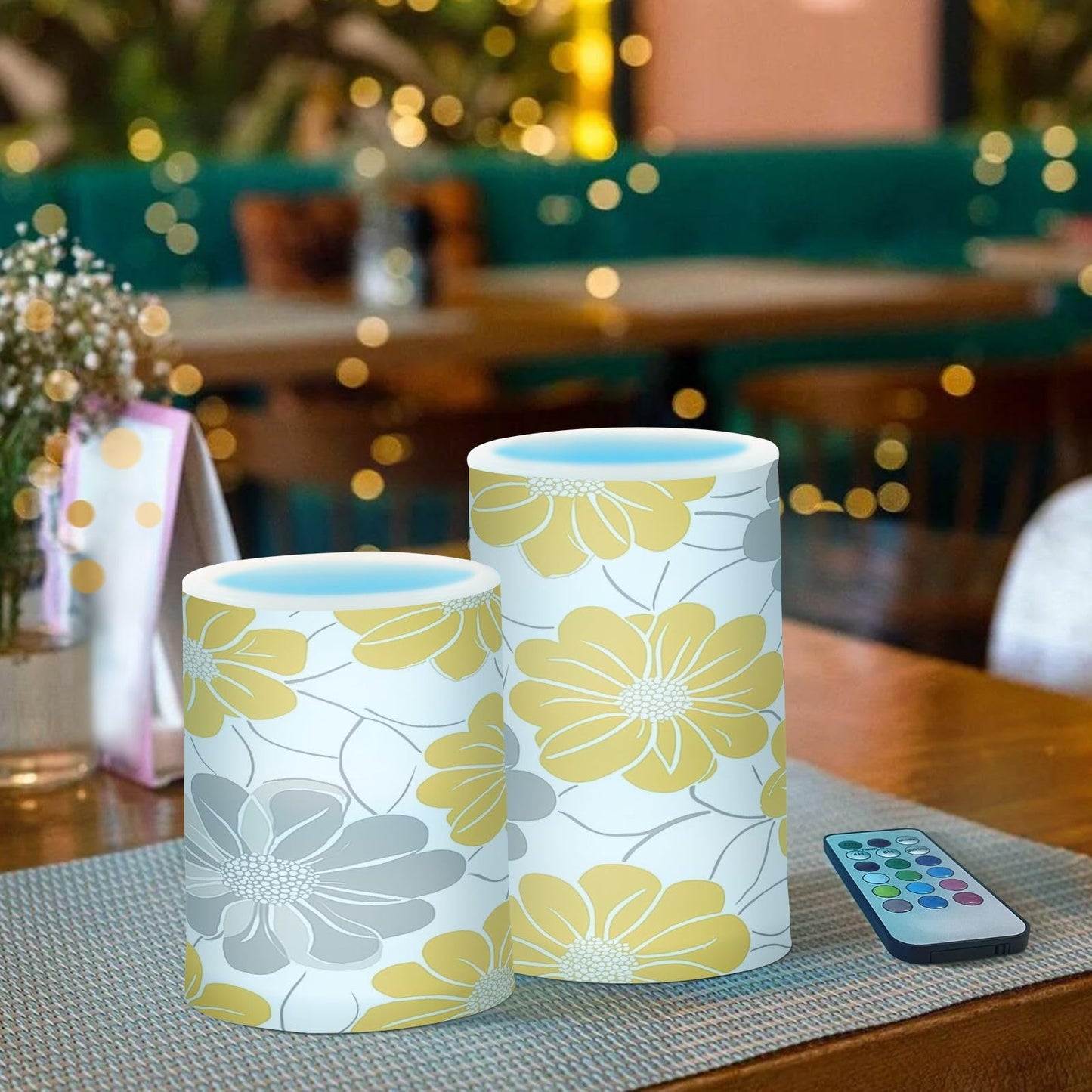 LFICRTAN Gray and Yellow Flower Flameless Candles Battery Operated Color Changing LED Candles with Remote Control Timer Outdoor Indoor 2 Pack
