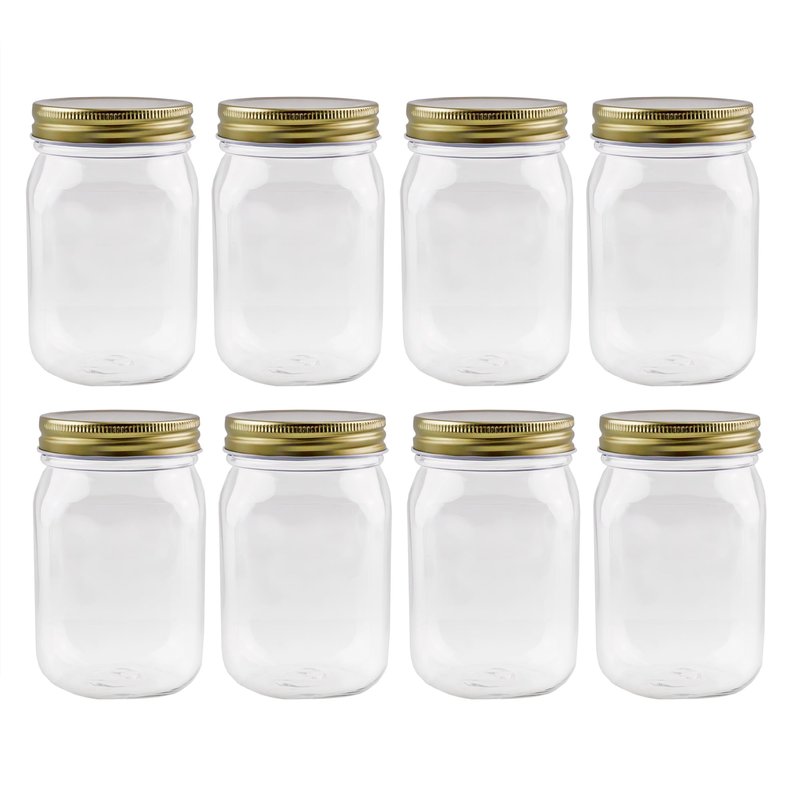 Cornucopia Brands 16oz Clear Plastic Mason Jars (8-Pack, Gold Metal Lids); PET BPA-Free Mason Style w/One Piece Lids, 2-Cup/Pint Capacity