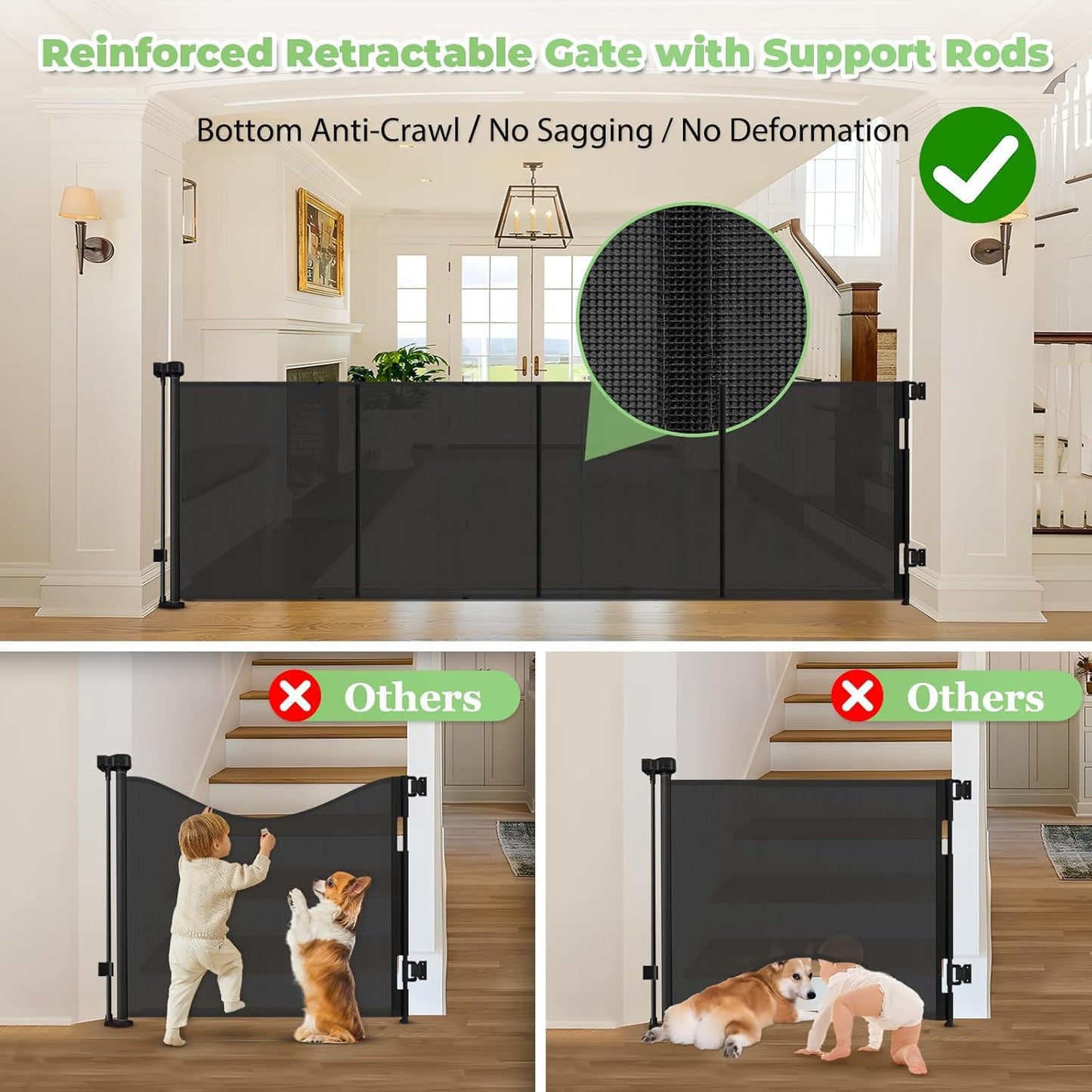Reinforced 155" Extra Wide Baby Gate Retractable Dog Gate with Support Rods – Prevent Crawling Under, 13ft Retractable Baby Gates Long Gates for Kids or Pets Retractable Gate, Black
