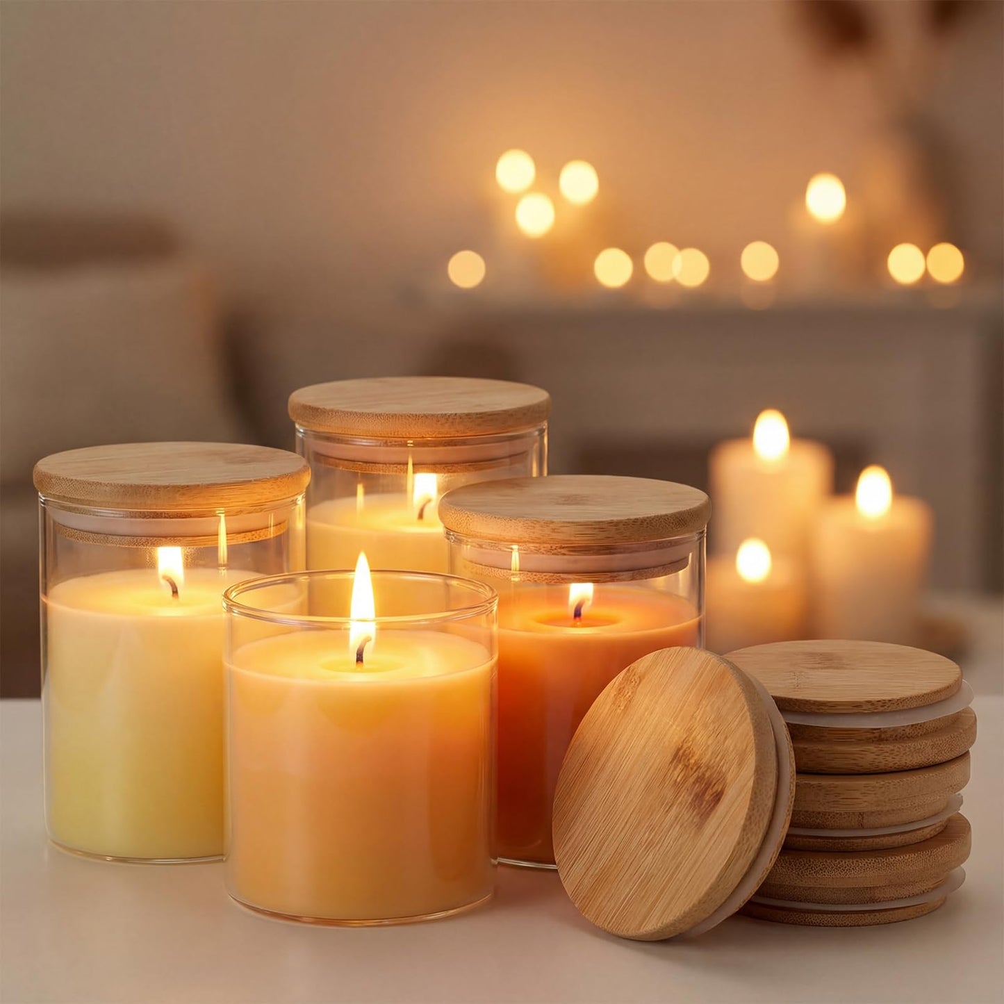 Ferrochef 12 Pcs Bamboo Lids for 7oz Candle Jars,Only Wood Cup Lids Tops for Making Candle, Glass Jars, Reusable Cover for Storage Decor Sample Container