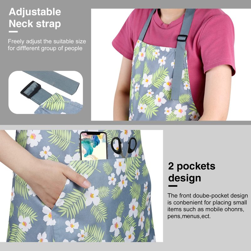 BOUMUSOE 3 Pack Floral Aprons with Pocket, Blooming Womens Aprons Waterproof Adjustable Cooking Aprons for Kitchen Gardening and Salon
