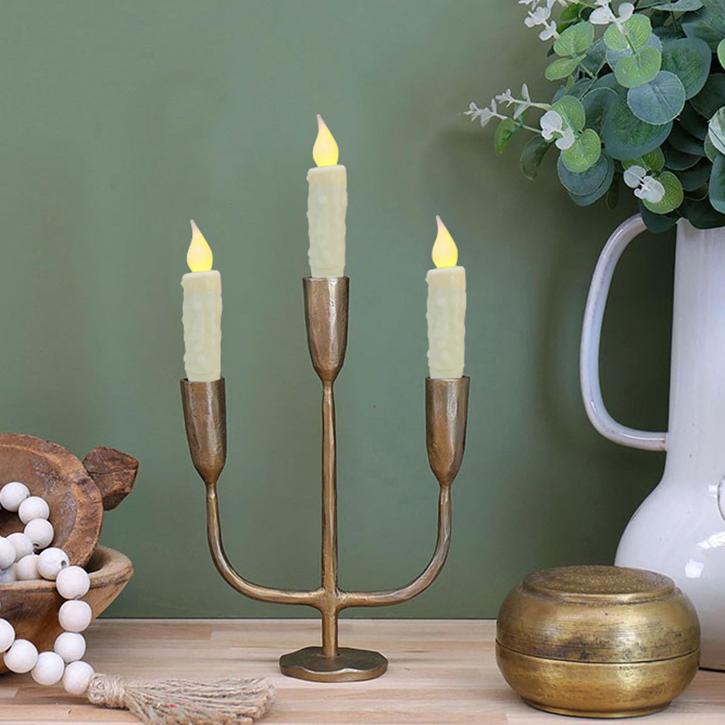 CVHOMEDECO. Real Wax Hand Dipped Battery Operated LED Timer Taper Candles Rustic Primitive Flameless Lights Décor, 4-3/4 Inch, Ivory, 6 PCS in a Package