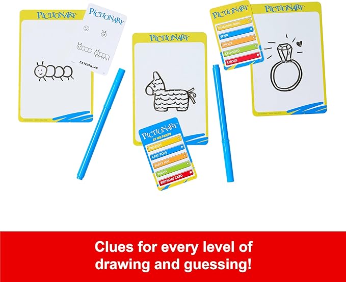 Mattel Games Pictionary Family Board Game for Kids Adults and Game Night for 2 Teams with Erasable Markers Boards and Sand Timer