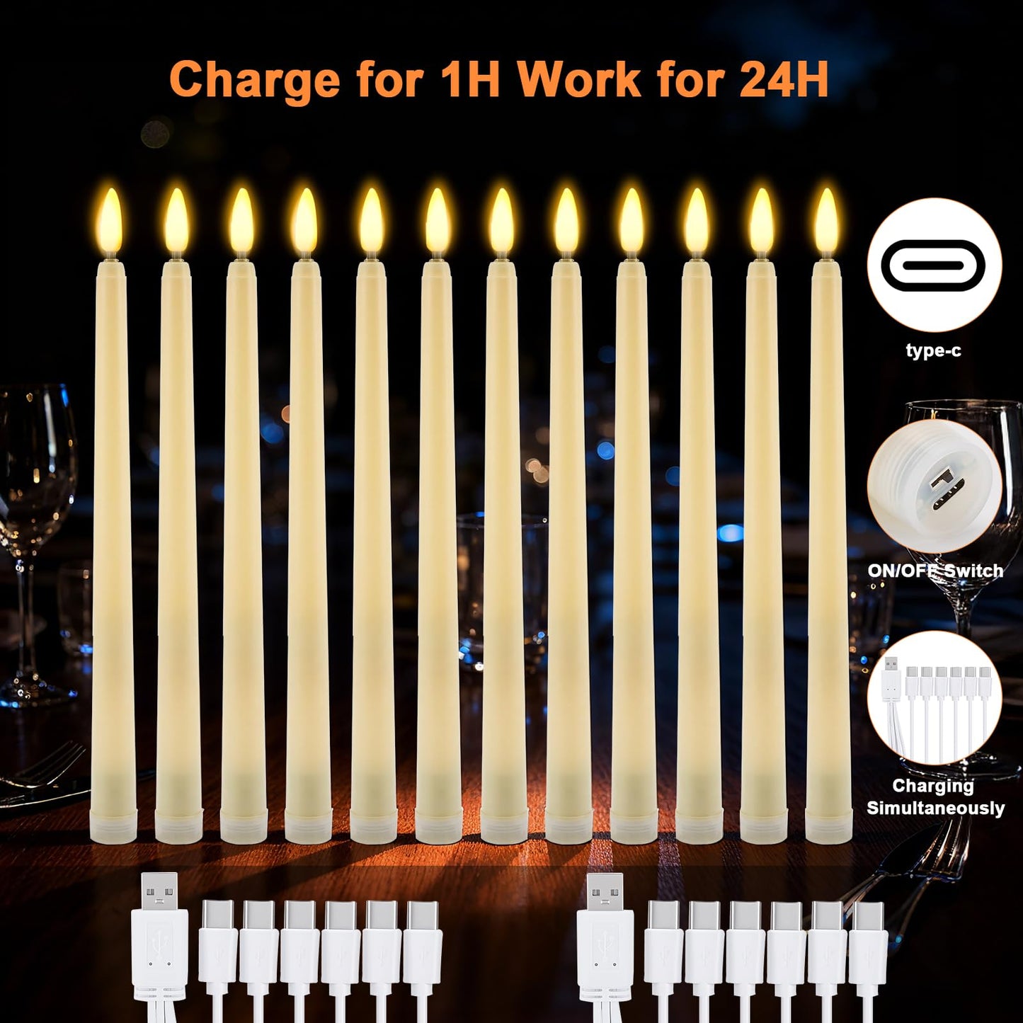 IMAGE Rechargeable Flameless Taper Candles with Remote, 12 Pcs LED Candlesticks 3D Wick Ivory Taper with Timer Flickering Function for Home, Wedding, Birthday Halloween Christmas (Corded Electric)