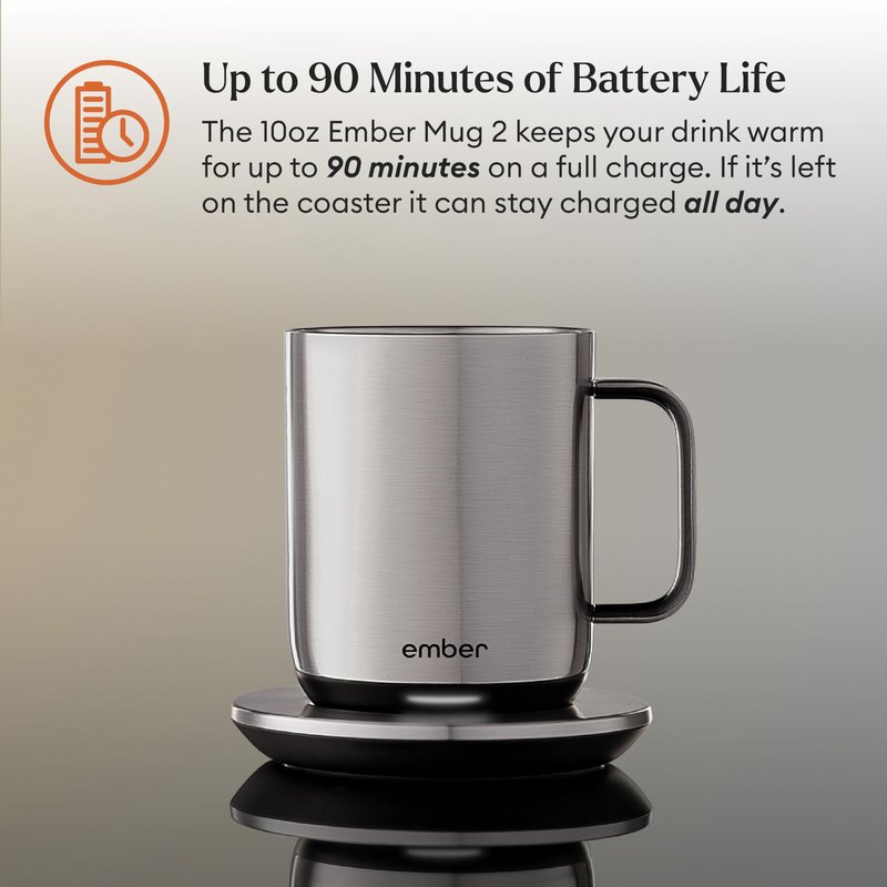 Ember Temperature Control Smart Mug 2, 10 Oz, App-Controlled Heated Coffee Mug with 80 Min Battery Life and Improved Design, Stainless Steel