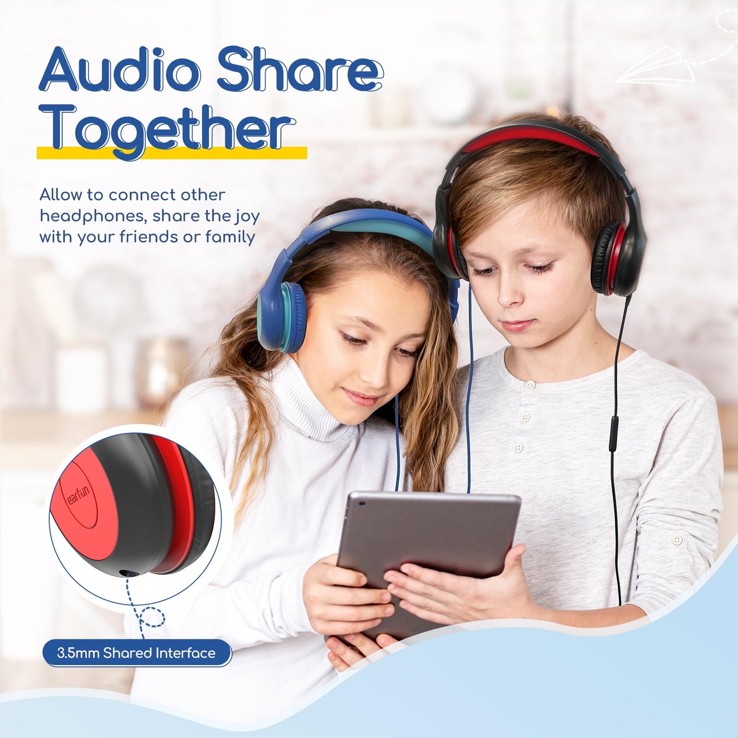 EarFun K1 Kids Headphones Wired with Microphone, 85/94dB Volume Limit Headphones for Kids, Portable Wired Headphone with Shareport, Stereo Sound Foldable Headset for School/Tablet/iPad, Black Red