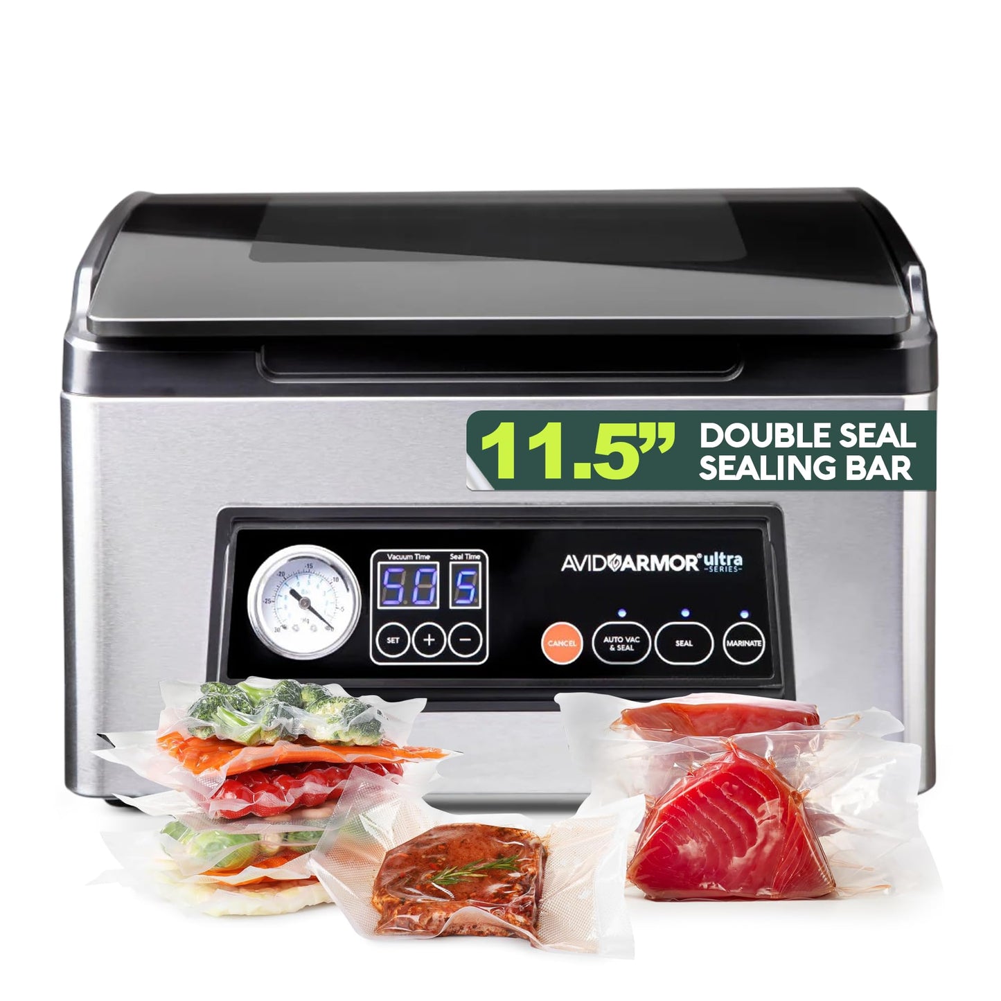 Avid Armor USV32 Chamber Vacuum Sealer Machine – 11.5" Sealing Bar, Glass Lid, Seal Meats, Soups, Sauces & Liquids, Marinate in Minutes, Sous Vide Ready, Accessory Hose Included, Stainless Steel