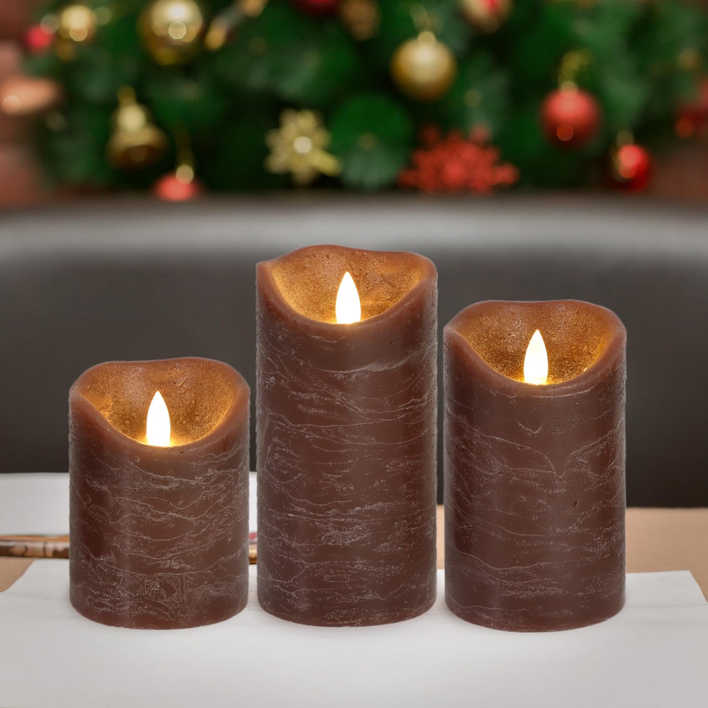 7LinRay Brown Flameless Candles with Remote, Real Wax Battery Operated LED Candles, Flickering Flameless Pillar Candles for Wedding, Festival, Set of 3