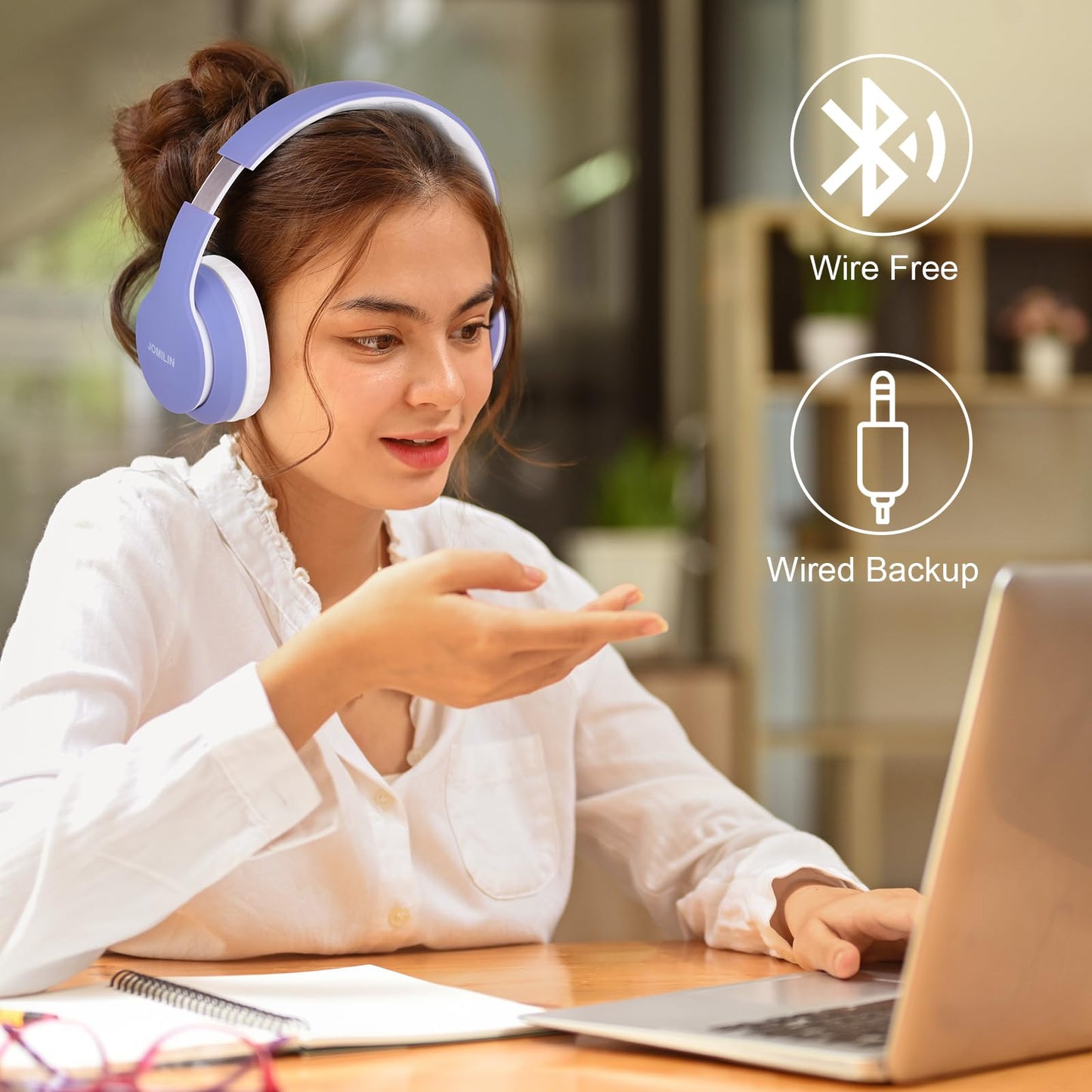 JOMILIN B9 Wireless Headphones Over-Ear, 60 Hours Playtime Lightweight Folding Hi-fi Stereo Bass Bluetooth Headset with Mic, Volume Control Headphones for iPad/Travel/Tablet/PC (Purple)