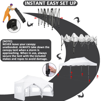 COBIZI 10x20 Pop Up Canopy with 6 Sidewall,Heavy Duty Canopy UPF 50+ All Season Wind Waterproof Commercial Outdoor Wedding Party Tents for Parties Canopy Gazebo with Roller Bag(10 x 20 ft White)