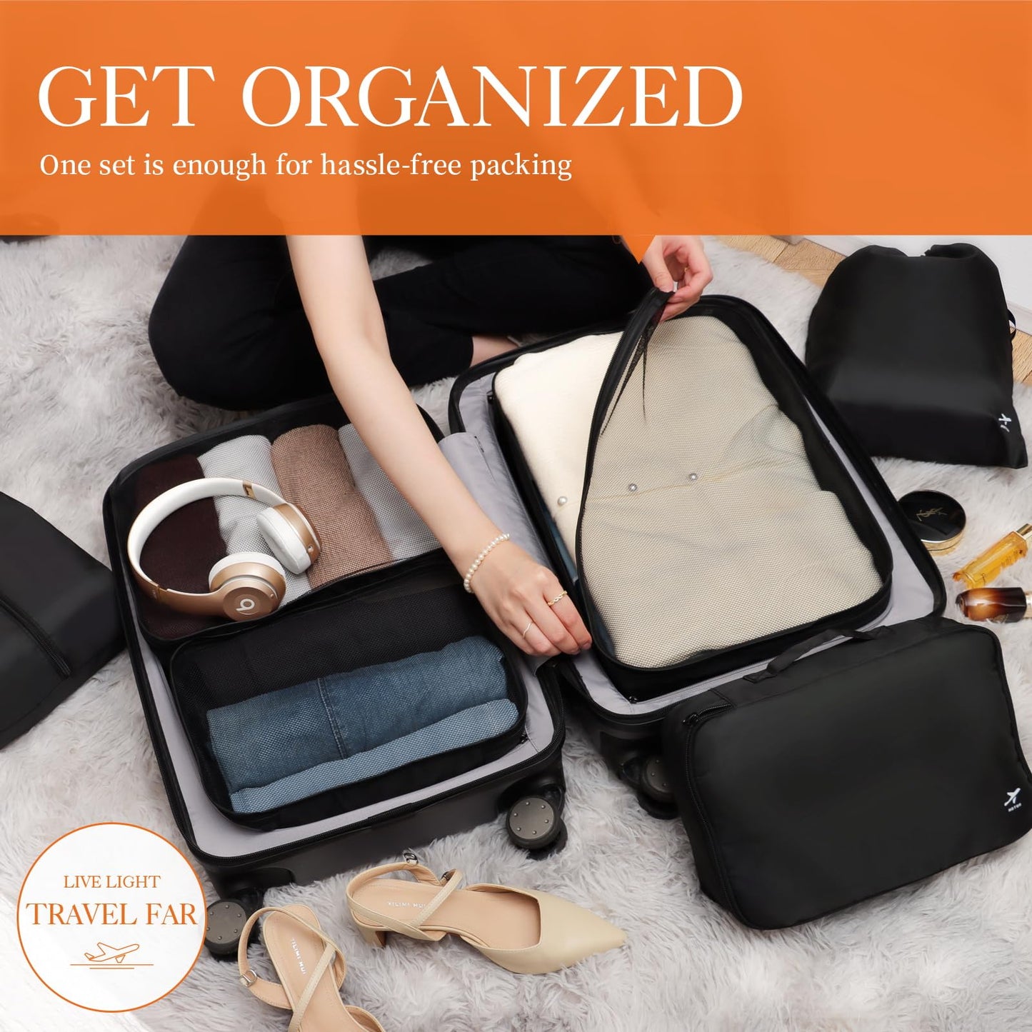 HOTOR Packing Cubes for Suitcases - 6 Pieces, Light Packing Cubes for Travel, Premium Suitcase Organizer Bags Set, Space-Saving Luggage Organizers, Travel Accessories and Essentials, Black