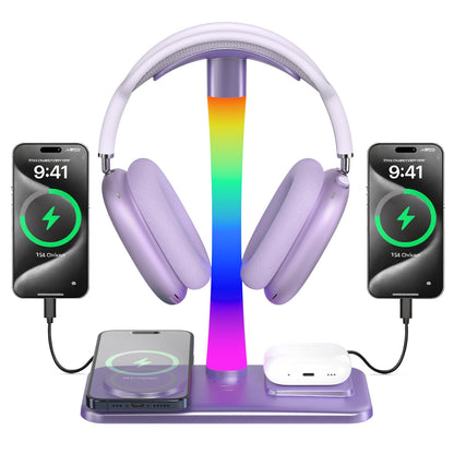 Headphone Stand with Wireless Charger,Gaming Headset stand with RGB Light,For Airpod Max Stand Compatible with Airpod Pro/3/2,For iPhone 17/16/15/14/13/12/11,Gifts for Gamers & Music Lover (Purple)