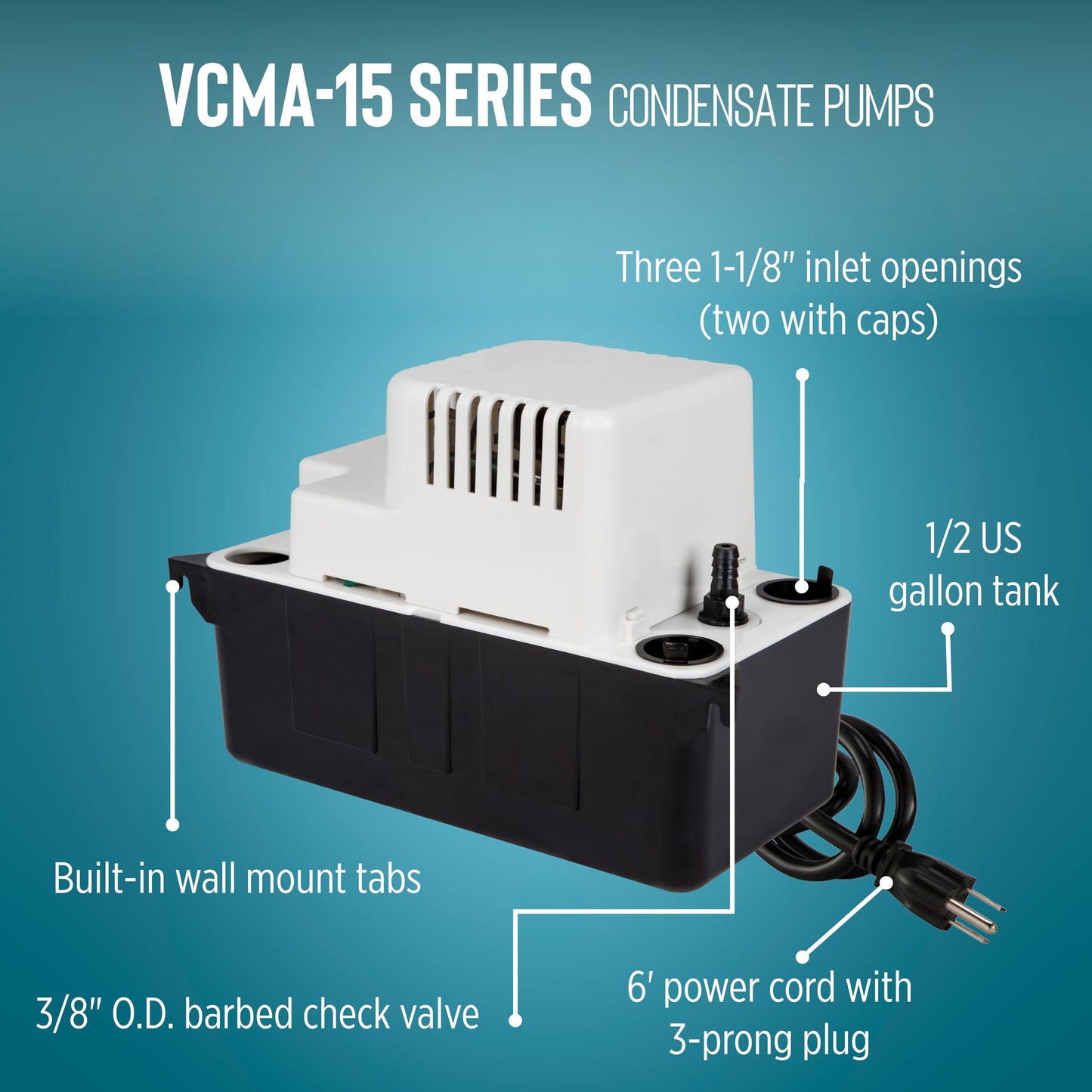 Little Giant VCMA-15ULT 115 Volt, 65 GPH, 1/50 HP Automatic Condensate Removal Pump with Tubing (no safety switch), Black/White, 554411
