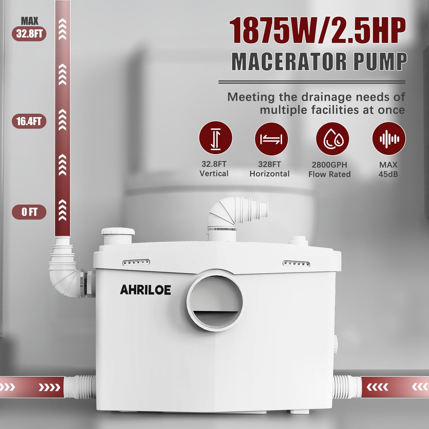 1875W Macerator Pump, 2.5HP Macerating Toilet System with 2 Outlets/4 Inlets, Sewage Pump for Basement, Sink, Toilet, Laundry, Kitchen