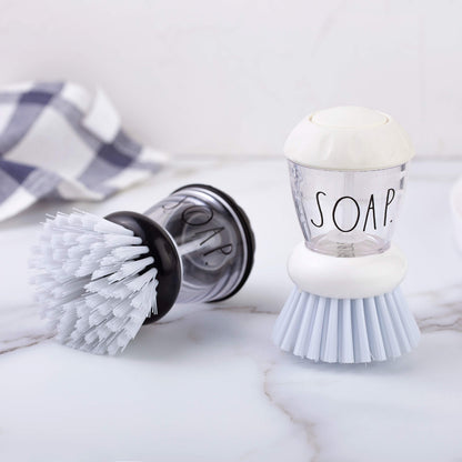 Rae Dunn Collection Soap Dispensing Dish Brush Set - Set of 2 Palm Brush Dish Scrubber with 2 Replacement Brush Heads