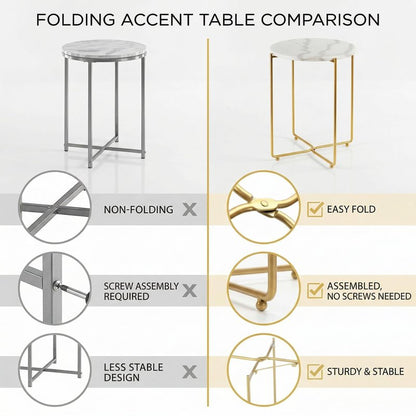 ALPOME Real Marble Side Table, No Assembly Required Round End Table for Living Room, 15" Modern Small Accent Bedside Table with Gold Metal Legs, Waterproof Nightstand for Sofa, Bedroom, White