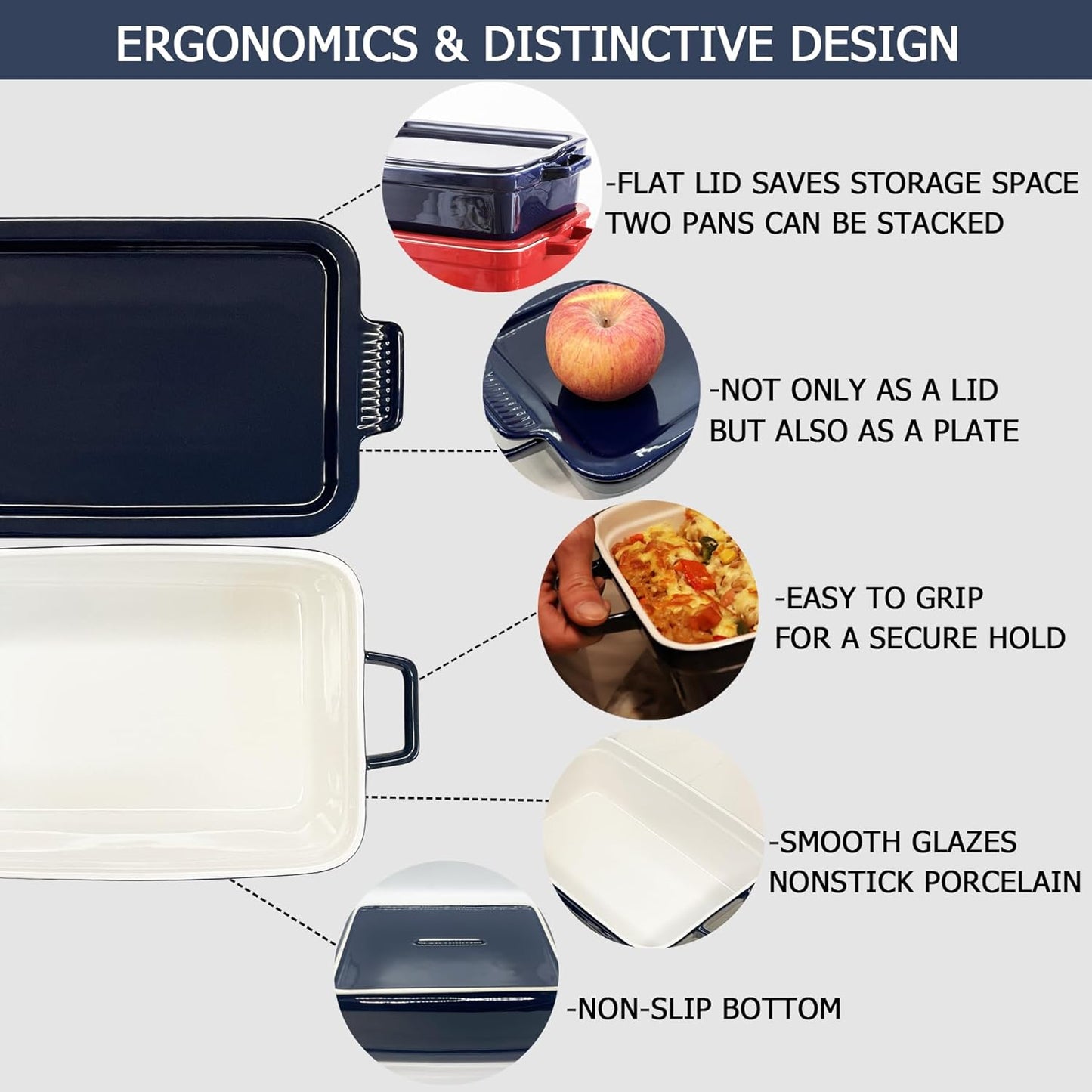 Skiennix Baking Pan - Deep Ceramic Lasagna Dish with Lid for Oven | Navy Blue, 3.1 Quarts