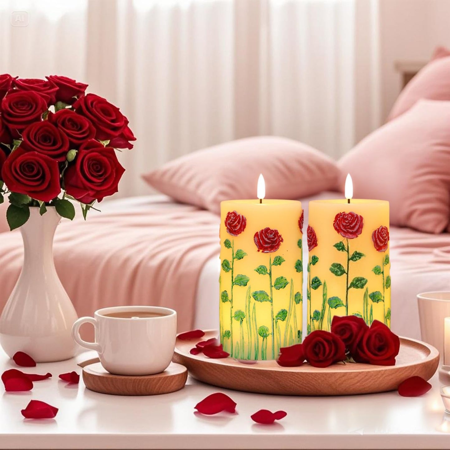 DRomance Roses Flower Flameless Candles Battery Operated with 6 Hour Timer 3D Wick Flickering LED Pillar Candles Real Wax Hand-Painted Dinner Christmas Holiday Decor(2 Pack, 3" D x 6.5" H)