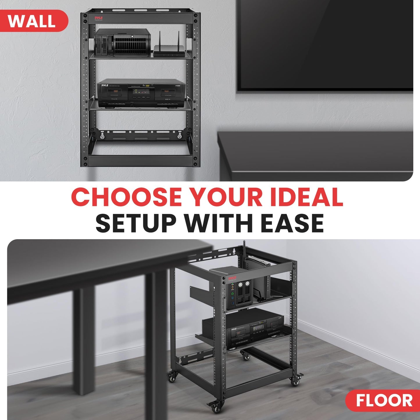 Pyle 15U Network Cabinet - Open Wall Mount Server Rack w/Heavy-Duty Wheels, Wall-Mountable, Steel Construction, Vented Shelves, Easy Access, 19" Equipment Compatible, 20 x 20 x 26 in (Black)