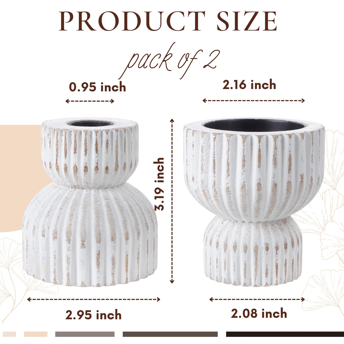 TRENDIN Reversible Rustic Pillar Candle Holders Set of 2, Distressed White Wood Candle Stand Set for Table, Fluted Farmhouse Wooden Candlestick Holders for Fireplace Mantel, Dining Room Decor