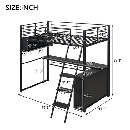 Metal Twin Size Loft Bed with Desk and LED Light,Heavy Duty Loft Bed Frame with Storage Shelves and Inclined Ladder for Kids,Adults,Twin Size,Black