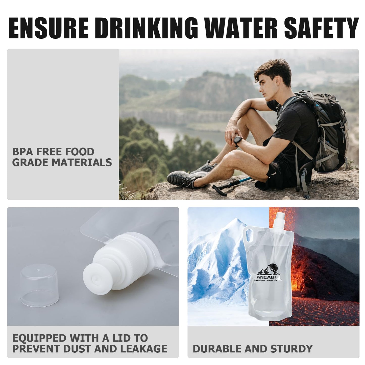 Ancable 1L Hiking Collapsible Water Bottles, 4-Pack 33OZ BPA-Free Foldable Backpacking Water Bottle for Travel Camping Hiking