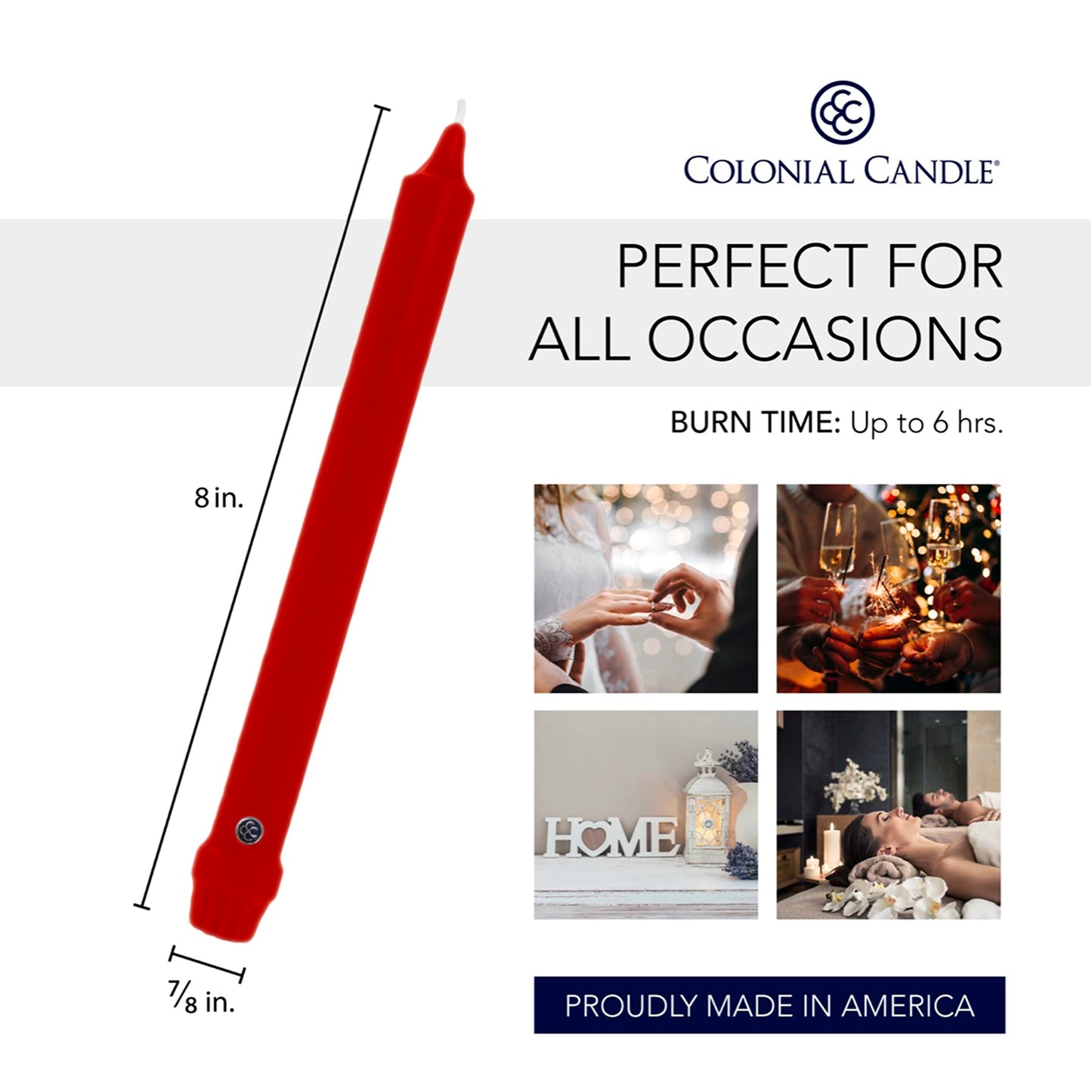 Colonial Candle Unscented Taper Candle, Classic Collection, Red, 8 In, Pack of 12 - Up to 6 Hours Burn