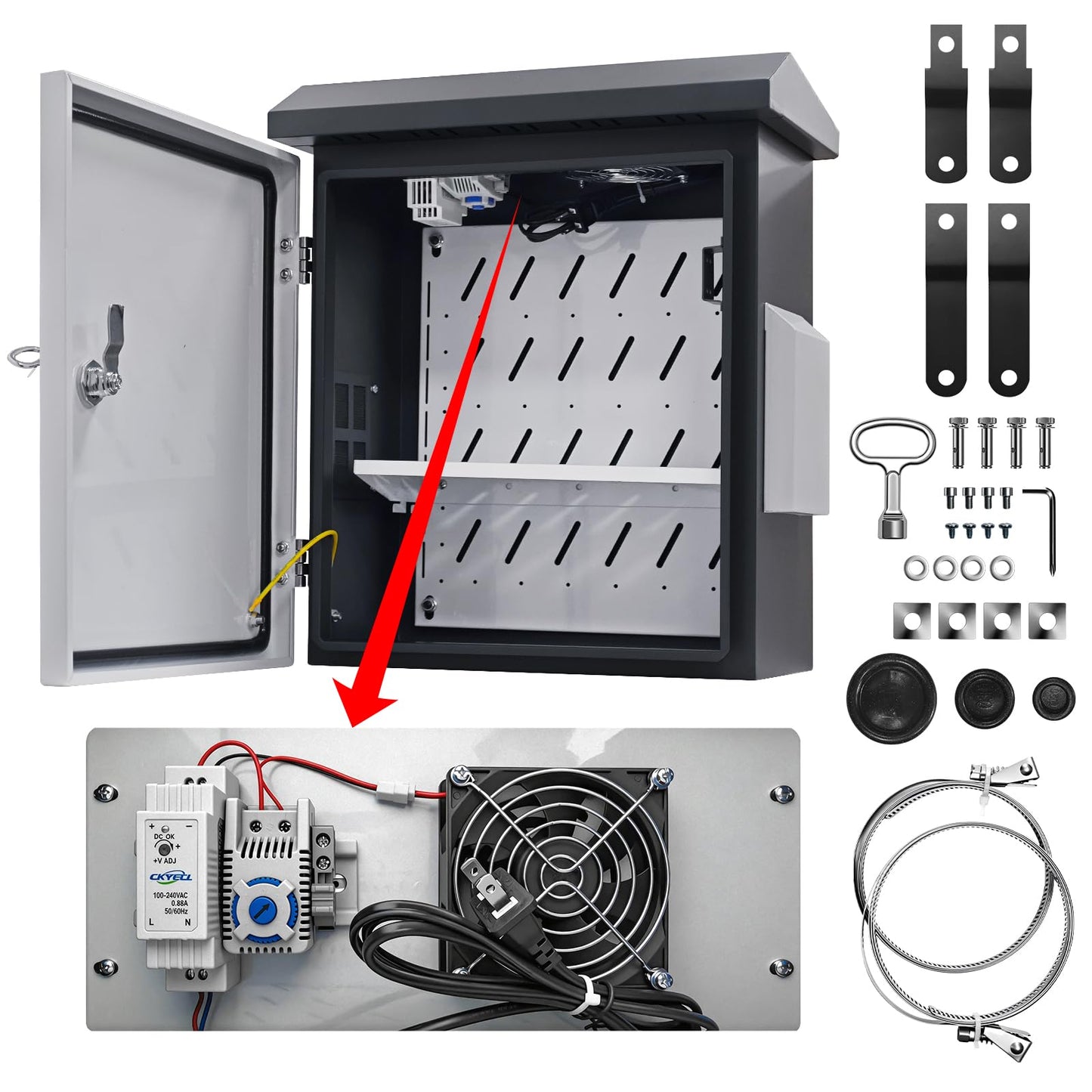 Outdoor Electrical Box with Fan and Thermostat,Weatherproof Electrical Enclosure with Dual Air Vents,Equipment Enclosure with Removable Mounting Plate,Wall/Pole Mounted (19.7" x 17.7" x 7.9")