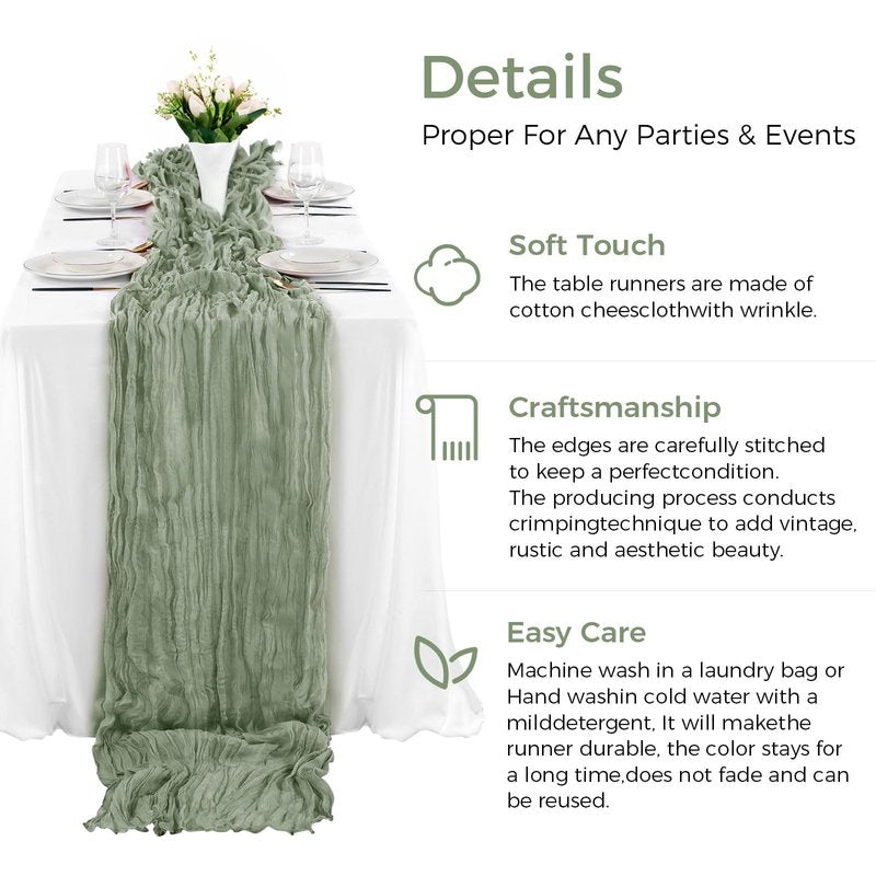 6 Pack Cheesecloth Table Runner 10Ft Boho Gauze Long Rustic Sheer for Wedding, Bridal Baby Shower, Birthday Party, Cake Table, Arbor Decorations (Sage Green)