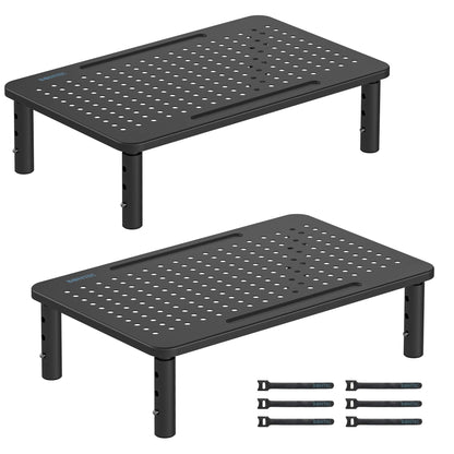 BONTEC 2 Pack 3 Height Adjustable Monitor Stand Riser with Pen Holder, Ergonomic Metal Laptop Stand with Cable Management, Desktop Stand for Computer, Printer, Monitor, Laptop, Black Steel, 14.5 in
