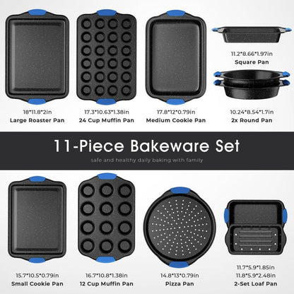 11-Piece Professional Stackable Baking Set, Oven-Safe Nonstick Cookware with Cool-Touch Handles - Features Cookie Sheet, Cake Pan, Muffin Tin, Pizza Stone & Bread Loaf Pan, Black&Blue