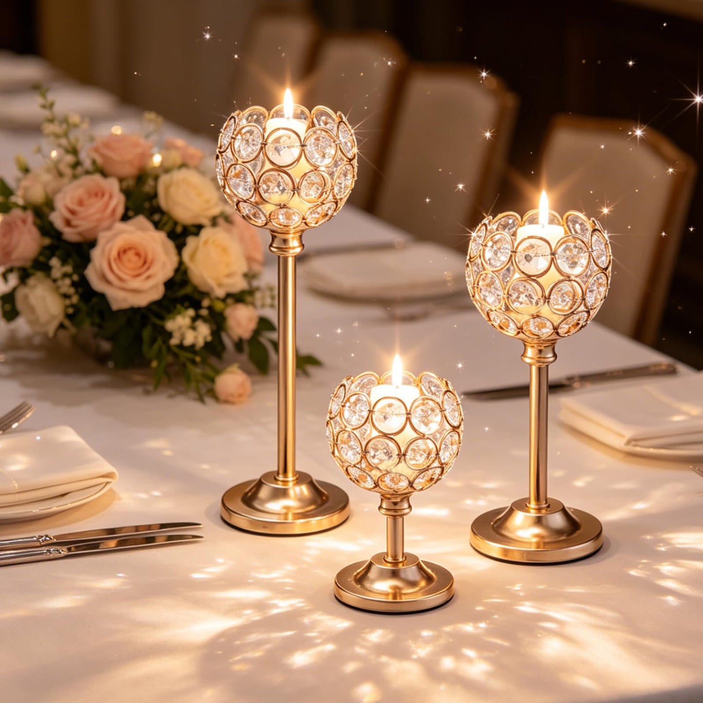 Candle Holder Candlestick Holders- Set of 6 Gold Crystal Pillar Candle Holders, Metal Candlestick Stands for Wedding Centerpieces,Table Decor for Church,Housewarming (Gold, 2 Sets (6 Pcs))