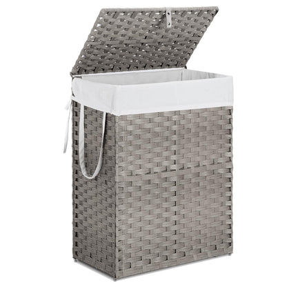 Elevon 90L Laundry Basket with Lid, Hand-Woven Pp Rattan Laundry Hamper with Compartments & Handles, Foldable, Large Capacity Clothes Basket with Removable Liner for Bathroom, Light Gray