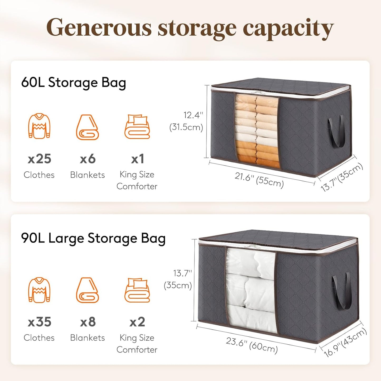 Lifewit 60L Clothes Storage Bins - 12 Pack Foldable Bags with Zippers & Clear Windows | Ideal for Organizing Clothing & Bedding