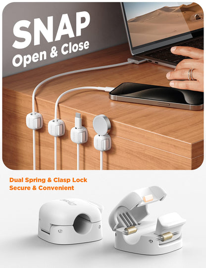 6Pack Cord Organizer, Chfeila Compact Dual Spring & Clasp Lock Cable Management Clips, Adhesive Phone Charger Keeper, Wire Holder for Nightstand/Wall/Car, Home Office Desk Accessories Decor Essentials
