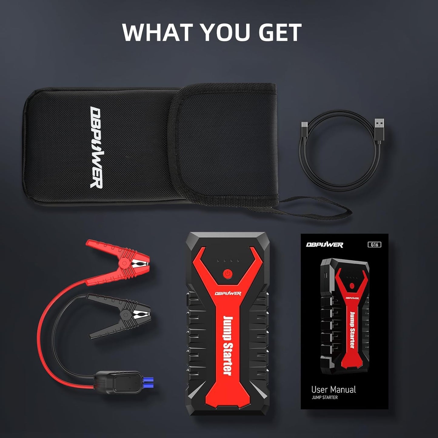 DBPOWER 3000A/80.66Wh Portable Car Jump Starter (UP to 10.0L Gas/8.0L Diesel Engines) 12V Auto Lithium-Ion Battery Booster with Smart Clamp Cables, Quick Charge, and LED, Storage Bag