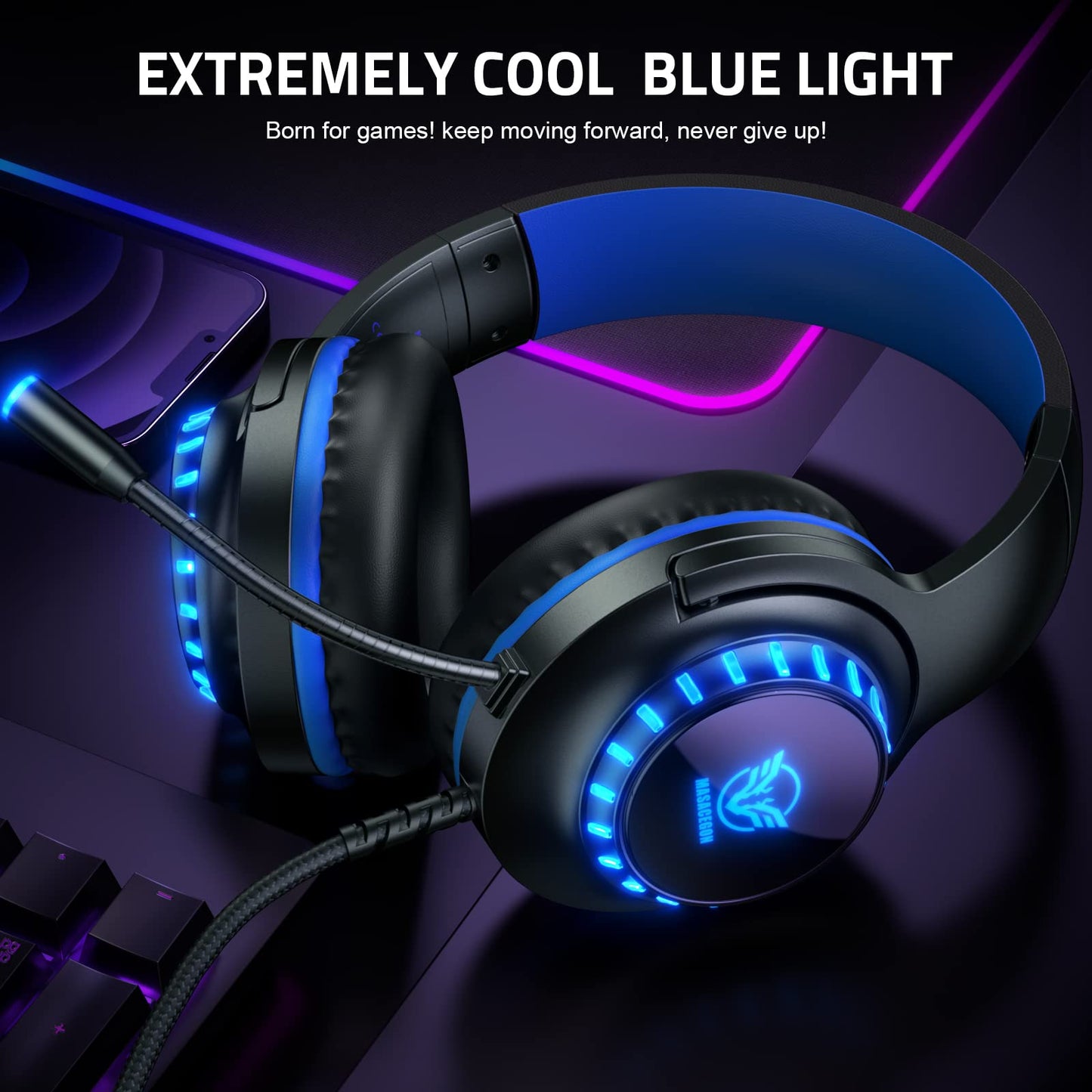 Pacrate Gaming Headset for PS5/PS4/Xbox One/Nintendo Switch/PC/Mac, PS5 Headset with Microphone Xbox Headset with LED Lights, Noise Cancelling PS4 Headset for Kids Adults - Blue