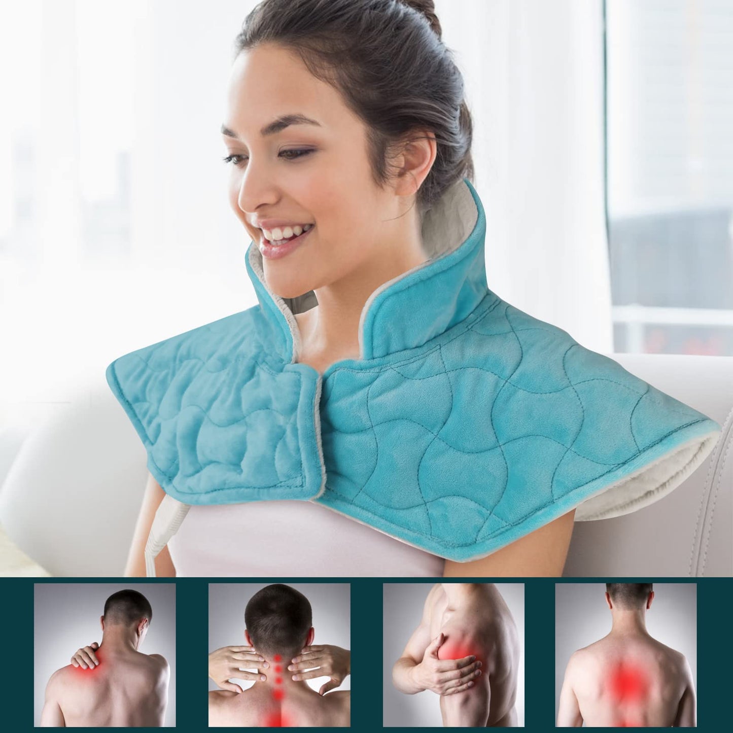 GOQOTOMO Full Weighted Electric Heating Pad for Back/Waist/Abdomen/Shoulder/Neck Pain and Cramps Relief - 2.3 lb Weighted with Auto-Shut Hot Heated Pad(12 * 24", LB002) Blue&White Grid