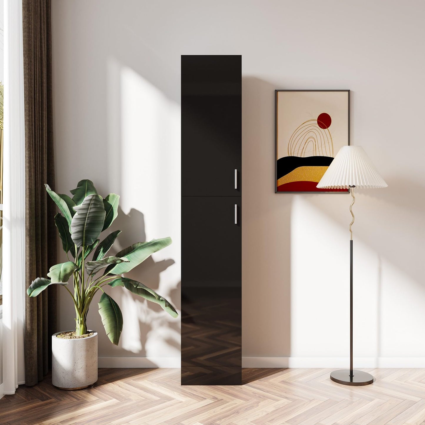 KEIKI Freestanding Slim Tall Storage Cabinet with Shelves, 2 Door, Wooden Narrow Organizer for Kitchen, Dining, Laundry, Living Room, Bathroom, Garage Pantry, Basement and Mudroom Organizing